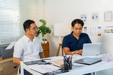 Architect Engineer Design Working on Blueprint Planning Concept. Construction Concept