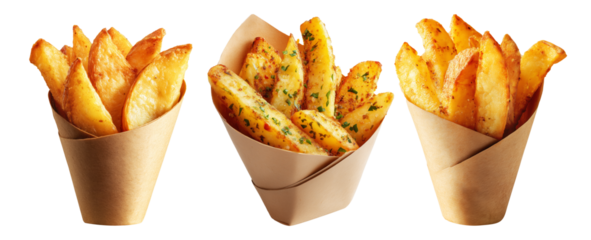 Batata Harra spicy potato wedges seasoned with herbs, garlic, chili served in brown paper cone, isolated on white background