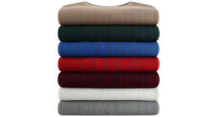 A neat stack of colorful ribbed folded sweaters of different colors clothing apparel