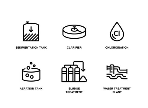 Water Treatment Plant Sedimentation Tank Clarifier Chlorination Aeration Tank Sludge Treatment Icon Set