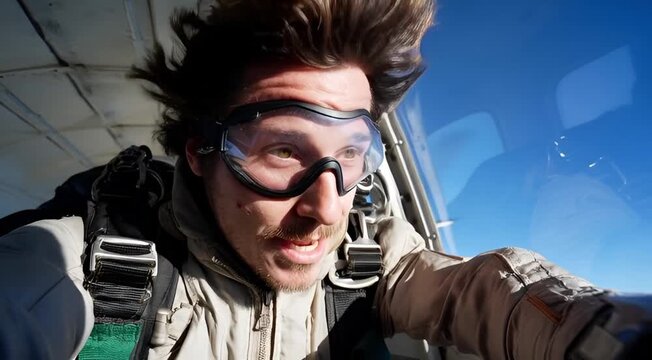 Adrenaline-fueled moment as a daring man with wind-blown hair and goggles prepares for an unforgettable freefall experience from a high-flying aircraft, embracing the thrill of an extreme sport