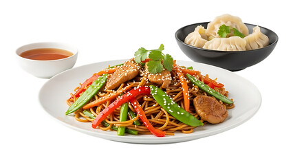 Stir fried noodles with dumplings isolated on transparent background