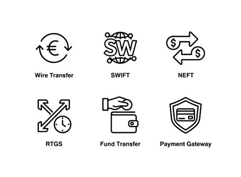 Wire Transfer SWIFT NEFT RTGS Fund Transfer Payment Gateway Minimal Bold Line Icon Set