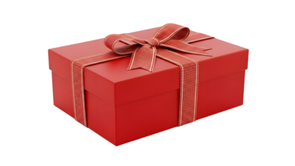Elegant Red Gift Box with Striped Ribbon Isolated on Black Background