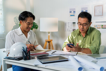 Architect Engineer Design Working on Blueprint Planning Concept. Construction Concept