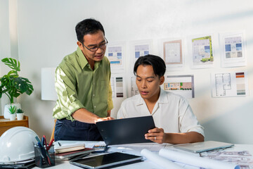 Architect Engineer Design Working on Blueprint Planning Concept. Construction Concept