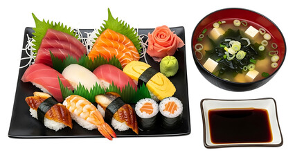 Sushi platter with miso soup isolated on transparent background