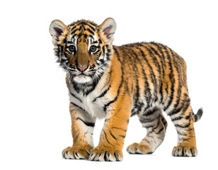 Naklejka premium Adorable tiger cub showing bright stripes high resolution photo in a white background