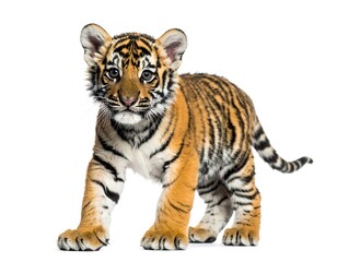 Fototapeta premium Baby tiger cub standing confidently high resolution photo in a white background