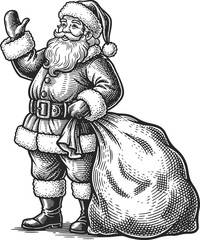 Obraz premium Santa Claus with Gift Sack Engraving Illustration – Vintage Christmas Character Line Art
