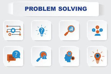 Dynamic Set of Business Icons Illustrating Problem Solving and Strategic Solution Development for Growth