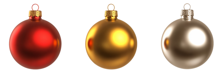 Three realistic metallic christmas ornaments in red gold and silver for holiday design on transparent background