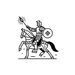 Illustration of a knight in armor riding a horse and holding a spear and shield in a line art style