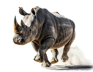 Obraz premium Charging rhinoceros showcasing raw animal power high resolution photo in a white background