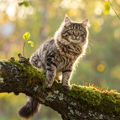 Obraz premium A fluffy, tabby cat perches alertly on a mossy branch bathed in soft sunlight, set against a blurred background
