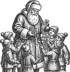 Santa Claus with Children Engraving Illustration &ndash; Vintage Christmas Gift Giving Scene Line Art