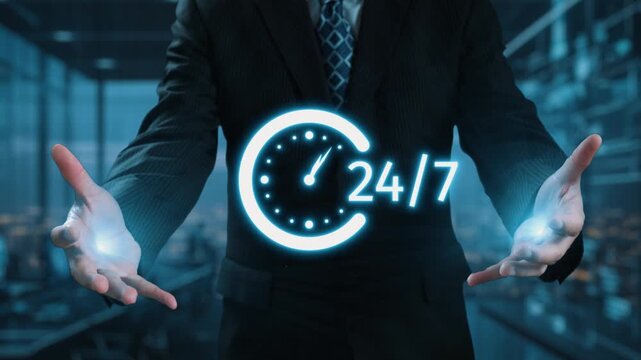 A business professional illustrates the concept of round-the-clock service with glowing clock symbols and communication icons in a contemporary office setting. Qubit