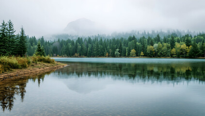 Obraz premium Serene Lake Reflection Surrounded by Lush Green Forest and Fog