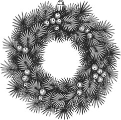 Christmas Pine Wreath Illustration with Berries &ndash; Hand Drawn Holiday Decorative Line Art