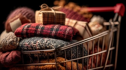 Cozy Winter Textiles and Gifts in Shopping Cart Arrangement