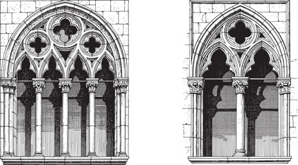 Obraz premium Venetian Gothic Traceried Window Medieval Architectural Facade Stone Frame Vintage Engraving Style Vector Illustration Set