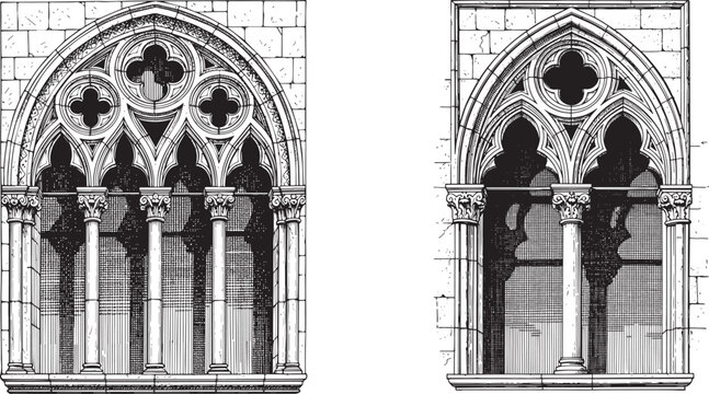 Venetian Gothic Traceried Window Medieval Architectural Facade Stone Frame Vintage Engraving Style Vector Illustration Set