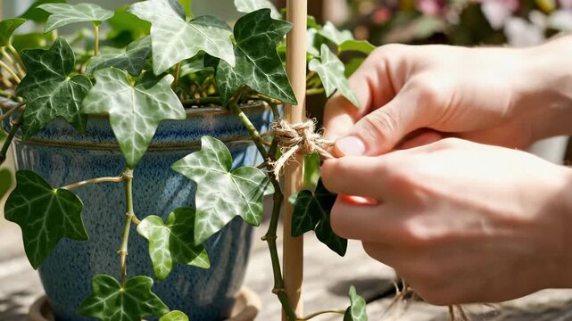 Hands tying twine around a bamboo stake supporting a potted ivy plant with vibrant green leaves