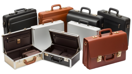 Collection of leather briefcases in various colors isolated on transparent background