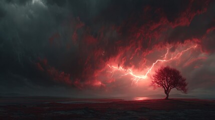 Dramatic Stormy Sky with Lightning Above Lonely Tree at Dusk