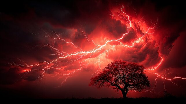 Dramatic Lightning Strikes Against a Fiery Red Sky at Dusk