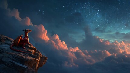Majestic Red Dragon Gazing at Starry Sky Over Vibrant Clouds