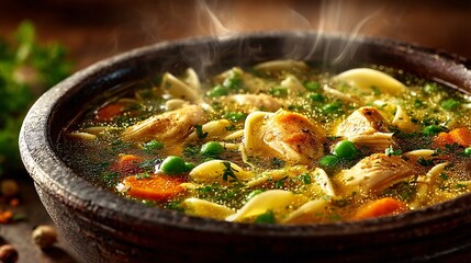 Delicious Chicken Soup with Vegetables and Herbs in Rustic Bowl