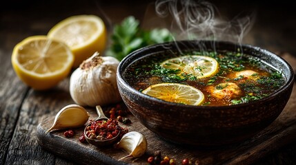 Aromatic Broth with Lemon, Garlic, and Fresh Herbs in Wooden Bowl