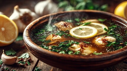 Delicious Steaming Soup with Lemons and Fresh Herbs in Bowl