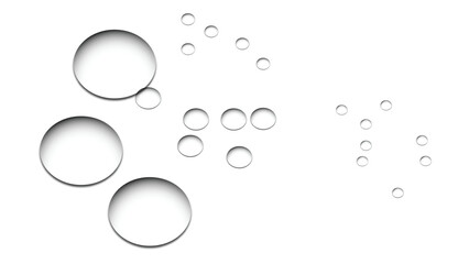 Clean and clear water droplets in various sizes isolated against a bright white surface.