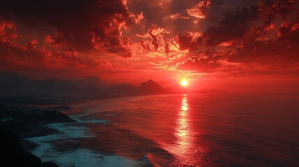 Breathtaking Sunset Over Mountain Range and Calm Ocean Water