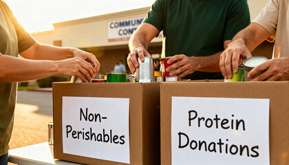 Group of diverse individuals sorting canned goods into donation boxes labeled non-perishables and protein donations, showcasing community support and charitable efforts for those in need