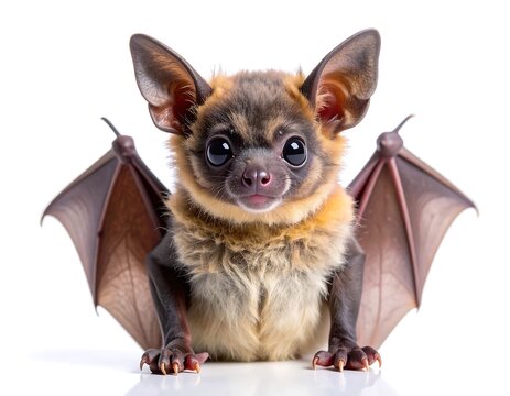 Fluffy baby bat posing with charm high resolution photo in a white background