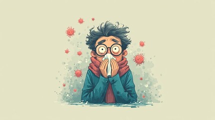 Young Man with Glasses Sneezing Surrounded by Viruses and Germs