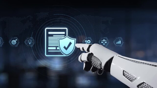 A sleek robotic hand points at digital security icons on a high-tech screen, symbolizing the convergence of automation and data protection in modern business environments. Synapse