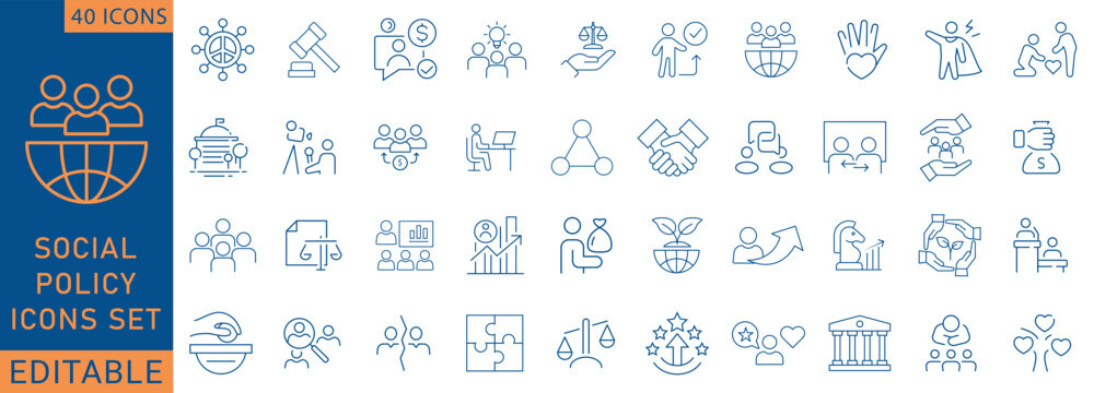 Editable line icons set about social policy, public welfare, government support, community services, equality, healthcare, justice and social protection. Perfect for web, app, infographic.