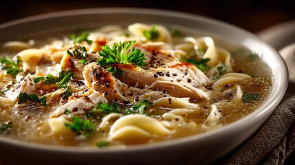 Delicious Chicken Noodle Soup Served in a Bowl with Fresh Herbs