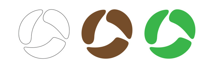 Three variations of a circular recyclinglike symbol outline, brown fill, and bright green fill.