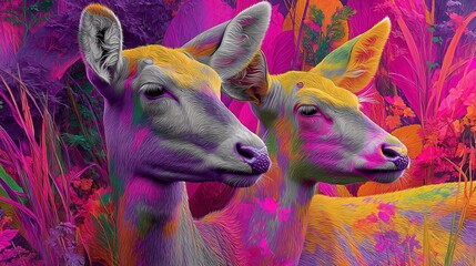 Colorful Deer Portraits Surrounded by Vibrant Floral Background