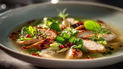 Gourmet Chicken Dish with Fresh Herbs and Colorful Garnish