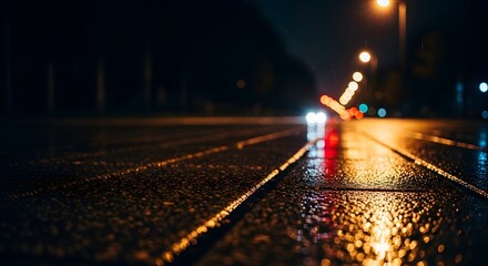 Urban street scene with a shimmering glare on the wet pavement at night, portraying a lonely journey concept with atmospheric bokeh lights