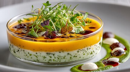 Colorful Gourmet Dish with Cream, Herbs, and Drizzle on Plate