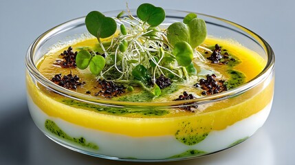 Bright Layered Dessert with Fruits, Cream, and Microgreens Topping