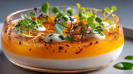 Colorful Layered Dessert with Fresh Herbs and Creamy Topping