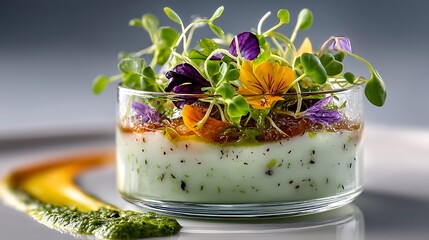 Elegant Culinary Creation with Edible Flowers and Fresh Herbs